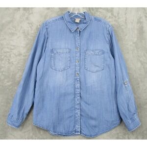 Chicos Blouse 2 US 12 Chambray Medium Wash Button Down Minimalist Classic Blue